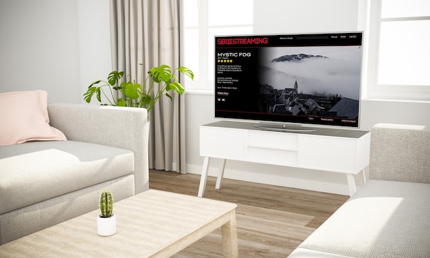 Serie televisiva in streaming in interni scandinavi con divano grigio rendering 3d