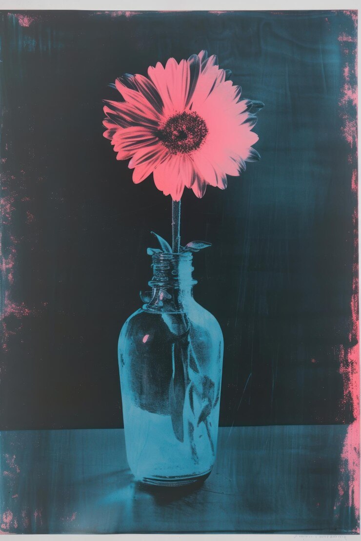 Foto serigrafia su carta di un vaso d'arte di fiori di margherita