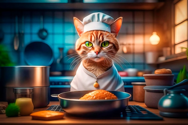 Serio e bello cuoco gatto che prepara il cibo in cucina