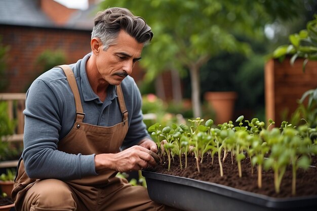 Serio giardiniere maschio che pianta germogli ar c