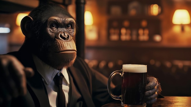 Serio scimpanzé in abito e cravatta con una tazza di birra dietro il bancone in una pubblicità di un pub bar