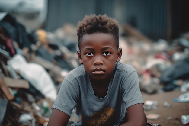 Serious Black Child posa in un paese del terzo mondo