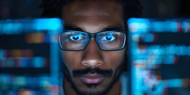 Serious Programmer Coding in un ambiente HighTech Mostrando l'essenza della programmazione Concept Programmer Portrait Coding Environment HighTech Setup Serious Tech Work Programming Essence