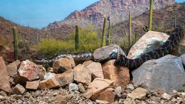 Serpente a sonagli nero dell'Arizona che si arriccia intorno alle rocce