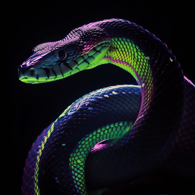 Serpente curvo viola verde su sfondo nero AI generato AI generativ