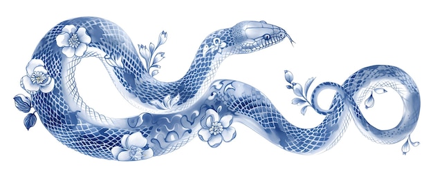 Serpente e fiori illustrazione disegnata a mano Nuovo anno cinese orientale blu e bianco 2025 Serpente dello zodiaco