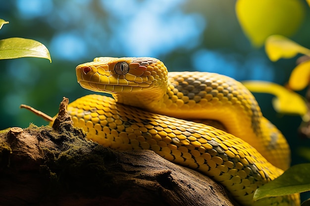 Serpente giallo pericoloso modello nella giungla della foresta con sfondo vista natura il giorno luminoso