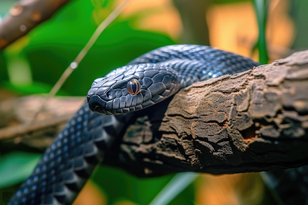 Serpente mamba nera sul ramo di un albero Closeup di un serpente velenoso in natura