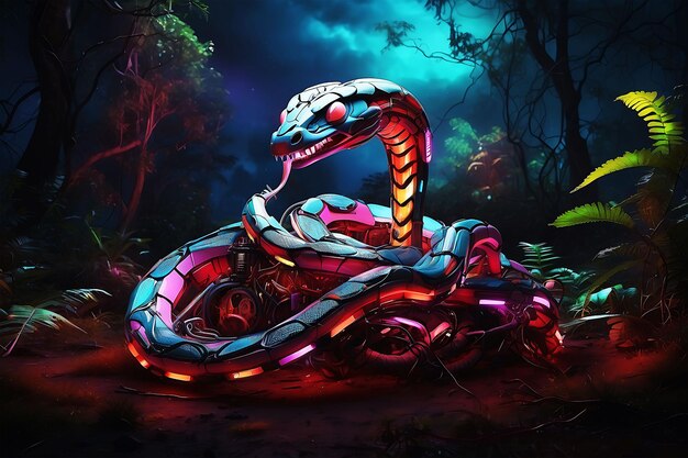 Serpente meccanico multicolore che alza la testa in una foresta aliena di notte8k