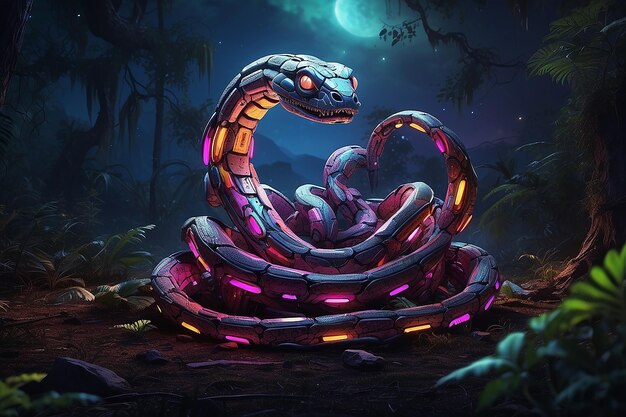 Serpente meccanico multicolore che alza la testa in una foresta aliena di notte