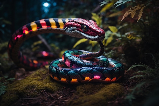 Serpente meccanico multicolore che alza la testa in una foresta aliena di notte