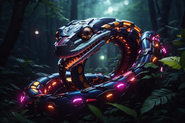 Serpente meccanico multicolore che alza la testa in una foresta aliena di notte