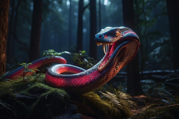 Serpente meccanico multicolore che alza la testa in una foresta aliena di notte