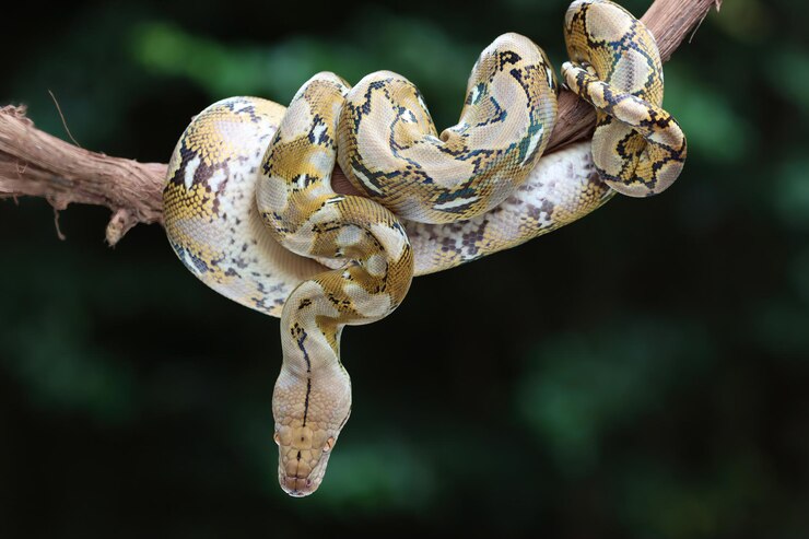 Foto serpente pythonidae che dorme sul ramo primo piano del serpente pythonidae