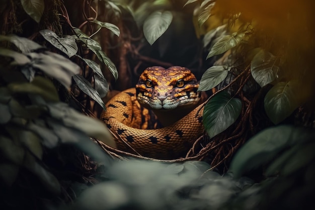 Serpente velenoso nell'illustrazione della giungla verde IA generativa