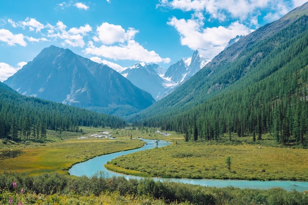 Serpentine river in valley prima del bellissimo ghiacciaio.