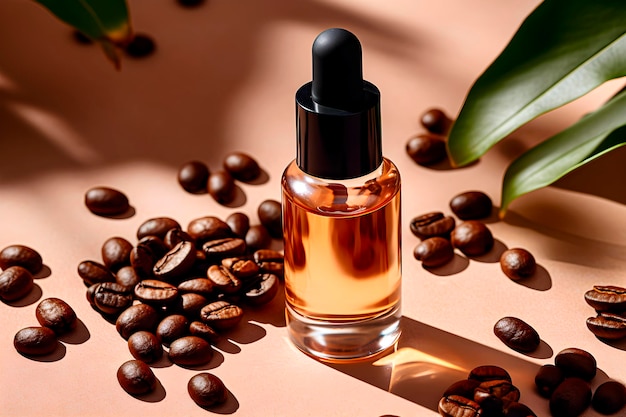 Serum cosmetico per la cura della pelle con caffeina tra i chicchi di caffè generato dall'AI