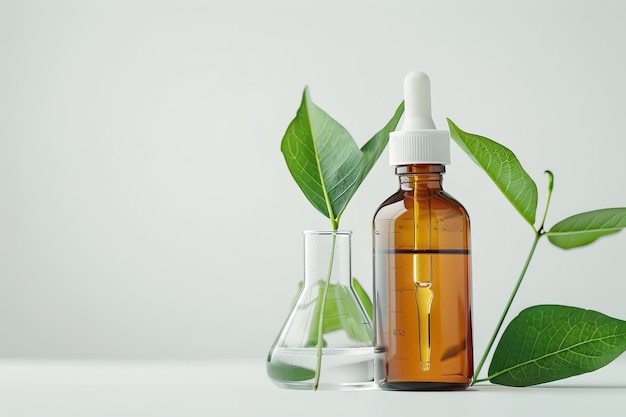 Serum di bellezza organico in bicchiere di vetro con sfondo di foglia