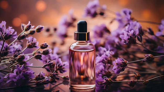 Serum per il viso in bottiglia Trattamenti Spa Fiori di lavanda viola