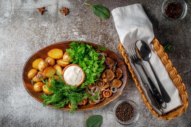 Serve un piatto dal menu di un ristorante: patate al forno in stile country con funghi e cipolle sott'aceto, salsa di panna, aneto e prezzemolo su un piatto sullo sfondo di un tavolo di pietra grigia