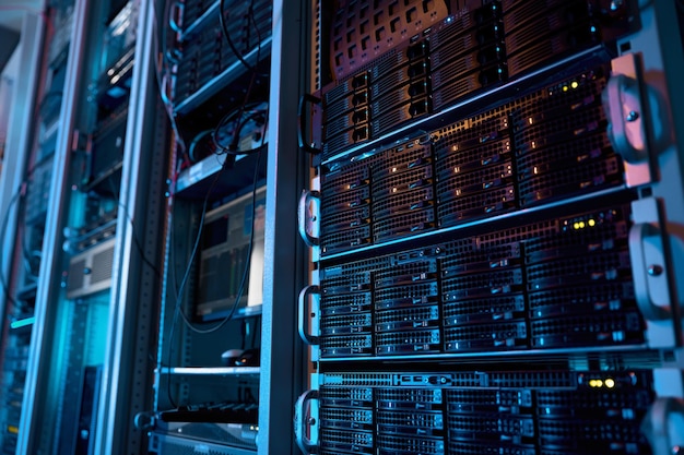 server rack with supercomputer hardware and storage blades in big data center inside closeup. datacentre interface and switch for digital communication and internet