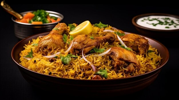 Servire del pollo biryani su uno sfondo nero