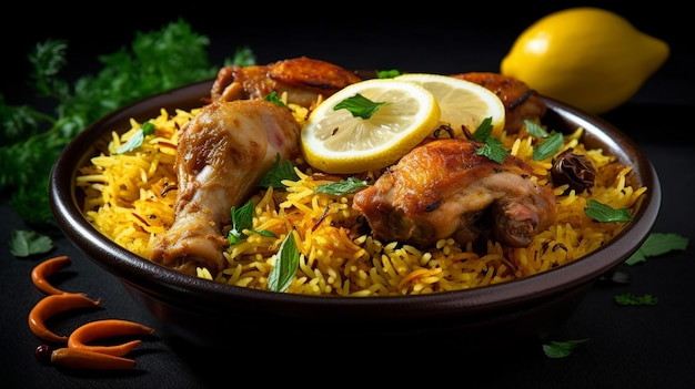 Servire del pollo biryani su uno sfondo nero