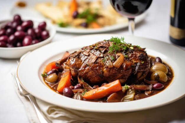 Servire il coq au vin su un piatto bianco