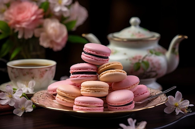 Servire macarons francesi su un tavolo con tè Macarons Generative Ai