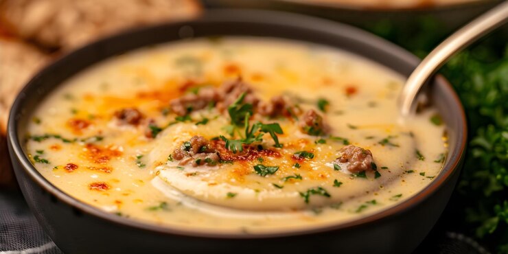 Foto servire un cucchiaio di zuppa toscana in un ambiente accogliente concetto cosy home cooking comfort cibo di ispirazione toscana piatti fatti in casa zuppe decorazione cucina rustica