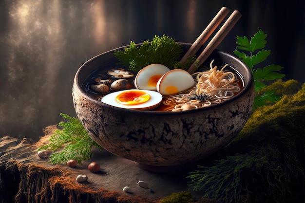 Servire una ciotola di ramen tonkotsu giapponese con uova e funghi shiitake