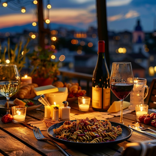 Servito tavolo da pranzo sulla terrazza del tetto cibo serale con vino candele romantiche vista sulla città vecchia