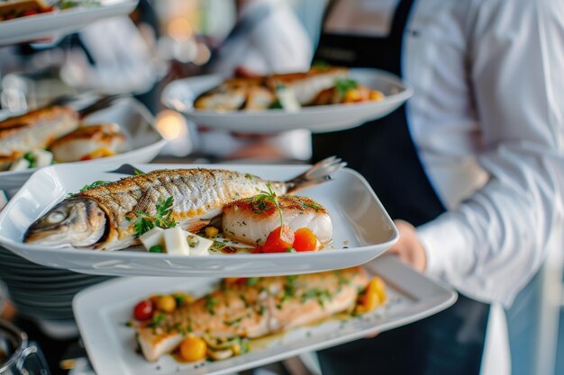 Servitore che porta piatti con piatto di pesce in un ristorante per un evento festivo o un ricevimento nuziale