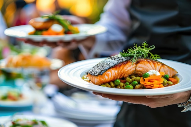 Servitore che porta piatti con piatto di pesce in un ristorante per un evento festivo o un ricevimento nuziale