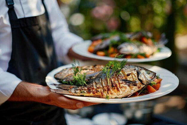 Servitore che porta piatti con piatto di pesce in un ristorante per un evento festivo o un ricevimento nuziale