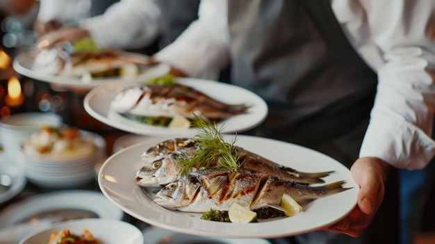 Servitore che porta piatti con piatto di pesce in un ristorante per un evento festivo o un ricevimento nuziale