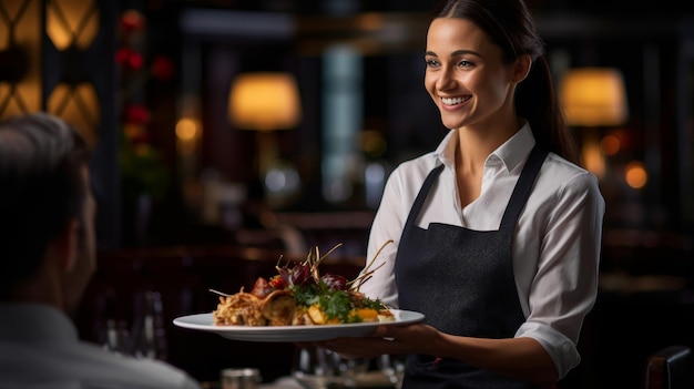 Servitore sorridente che presenta un piatto che riflette il desiderio di deliziare gli ospiti