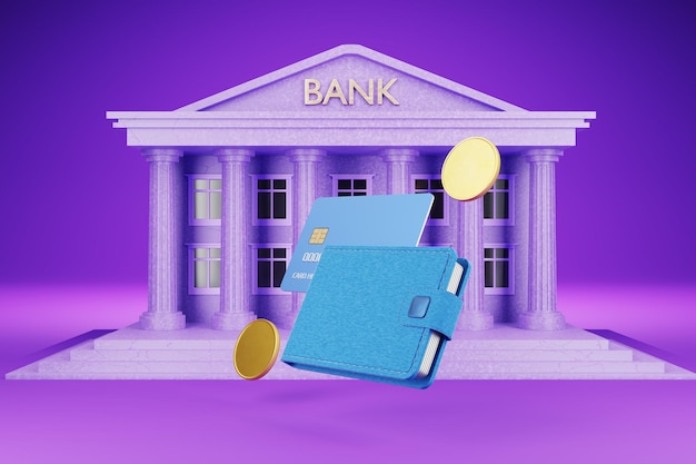 Servizi bancari online Portafoglio di credito con carte bancarie Portafoglio con monete Risparmio di denaro Investimenti Cripto scambio rendering 3d