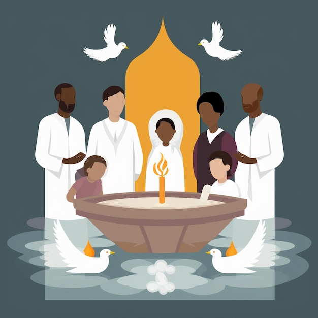 Servizio battesimale a fumetti con candidati officianti e simboli battesimali
