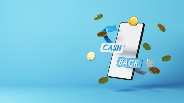 Servizio cash back Smartphone con monete d'oro Concetto di rimborso e pagamento digitale Rendering 3D