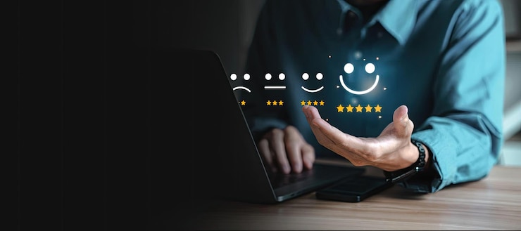 Servizio clienti Best Business Rating Icona di valutazione dell'esperienza nelle mani di un concetto di sondaggio sulla soddisfazione di un uomo d'affari Gli utenti valutano la loro esperienza nell'utilizzo del servizio sull'applicazione online