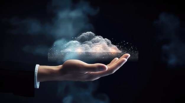 Servizio cloud a portata di mano dell'uomo d'affari o concetto di servizio di cloud computing con tecnologia generativa AI