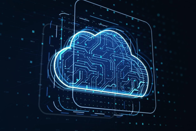 Servizio cloud e concetto di tecnologia di scambio dati con vista prospettica sul simbolo della nuvola digitale realizzato da microcircuito su sfondo tecnologico scuro rendering 3D