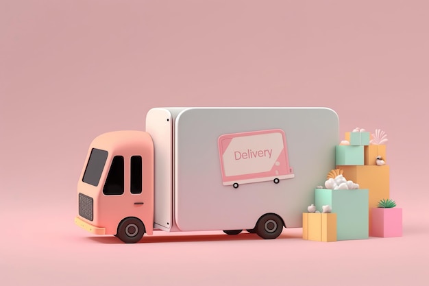 Servizio di consegna 3D Online tramite camion Servizio di consegna Acquisti online su un'applicazione mobile Rendering 3D Generativo Ai