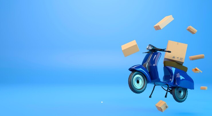 Servizio di consegna di rendering 3D in moto. Illustrazione 3D logistica del servizio di consegna del cibo