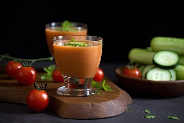 Servizio di gazpacho guarnito con cetrioli e pomodorini