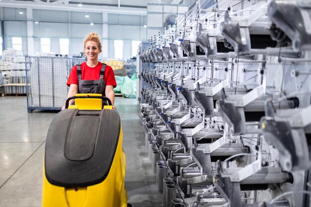 Servizio di pulizia professionale Lavoratore che gestisce una macchina di pulizia dei pavimenti industriali all'interno della fabbrica