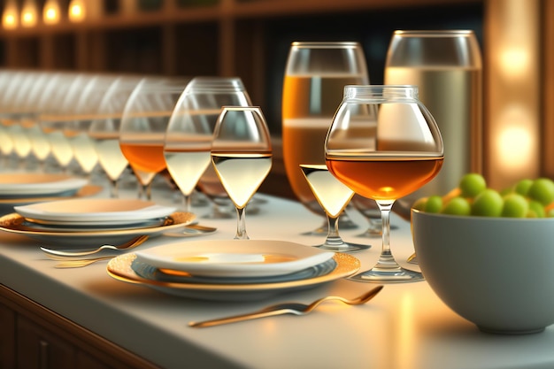 Servizio di ristorazione bicchieri in fila piatti cibo bevande realismo in un ristorante Ai generato illustrazione
