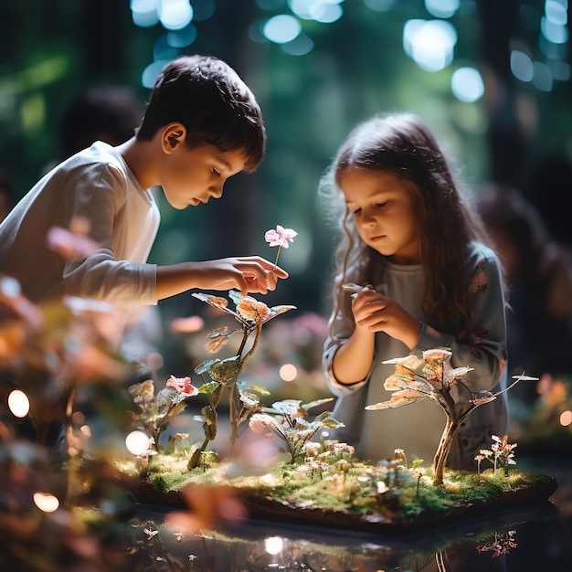 Servizio fotografico con stile Tilt Shift di bambini curiosi che imparano a programmare tra