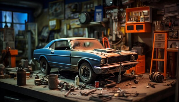 Servizio fotografico di diorama fotorealistico per la scena dell'officina di riparazione auto